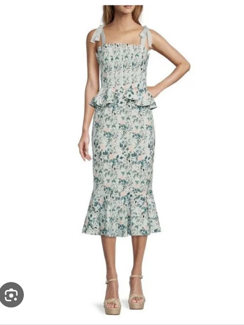 ANTONIO MELANI Mint Floral Tie-Shoulder Peplum Midi Dress